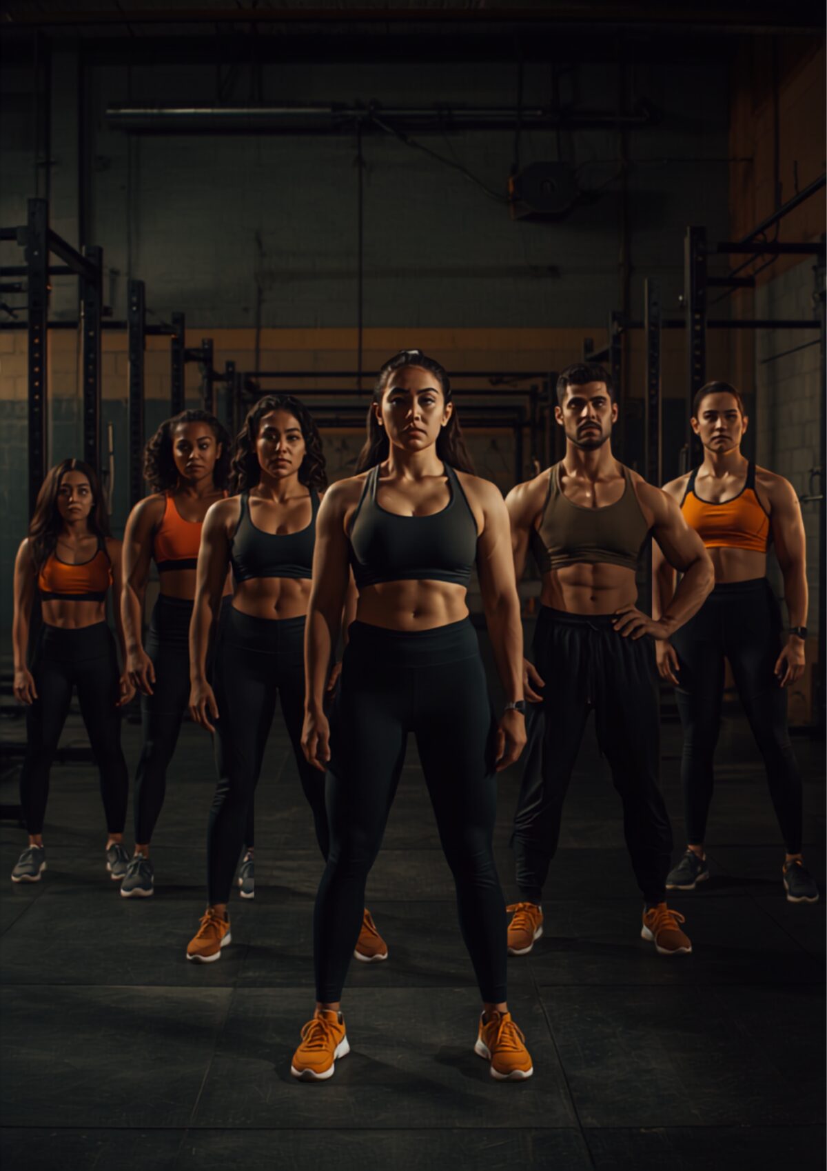 Zonatletica members in amber and black gym apparel, full display in an industrial gym